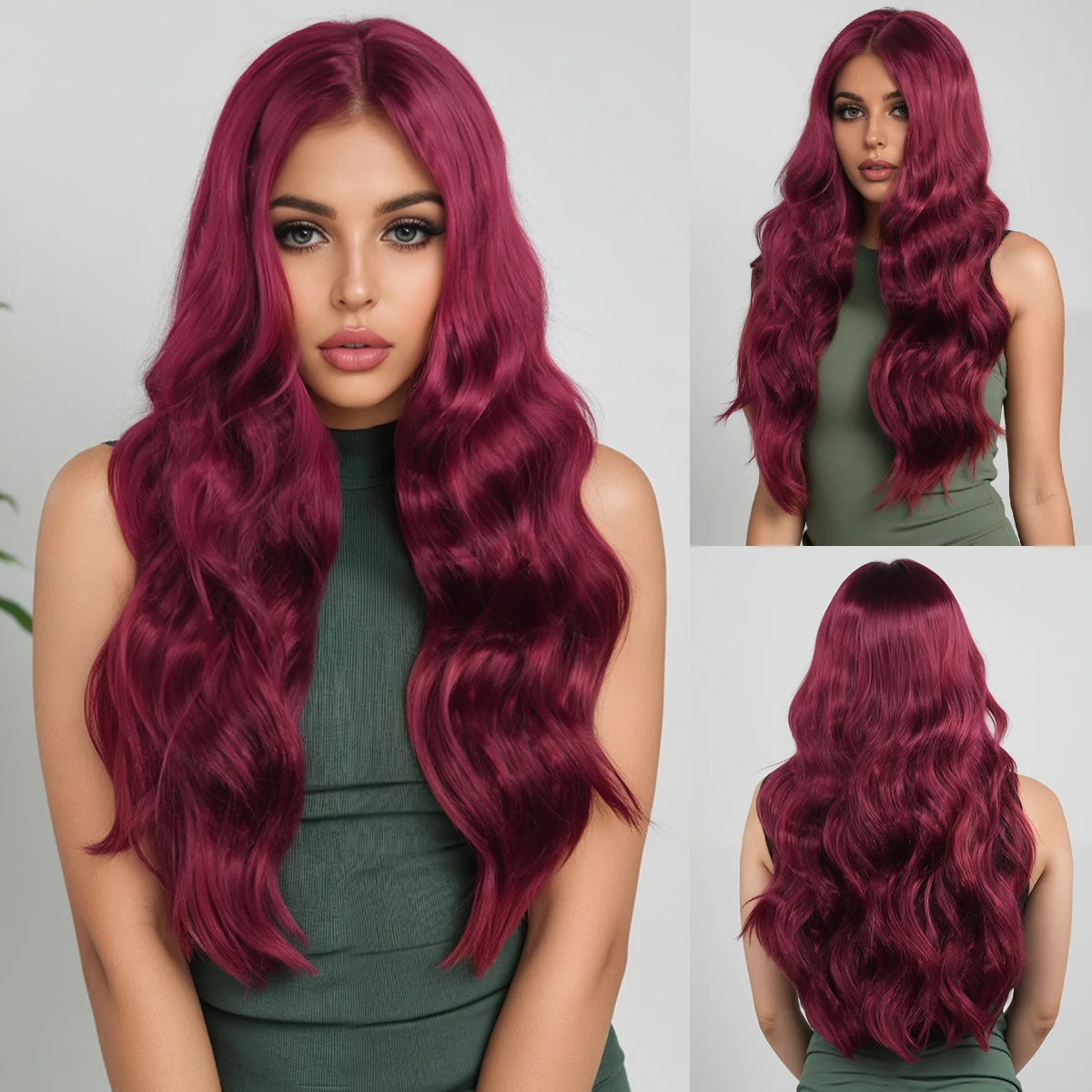 

28寸Wine Red Long Water Ripple Synthetic Wig Wear a High Quality Wig Without Glue