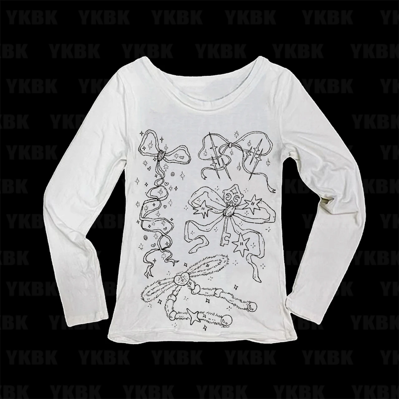 Cute Sketch Bow & Star Women Long Sleeve Tee Y2K Grunge Aesthetic Slim Black White Doodle Art Street T-shirt