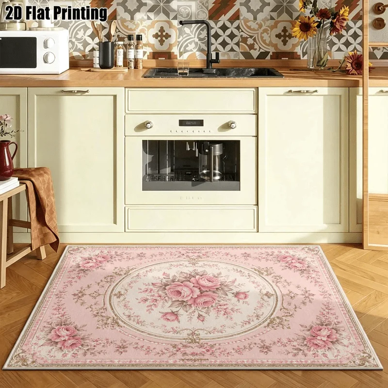 1Pc European Palace Retro Rose Pattern Printed Carpet, Retro Decorative Floor Mat, Suitable for Living Room, Bedroom, Dining Room, Bedside, Indoor and Terrace, Warm Home Decoration Accessories