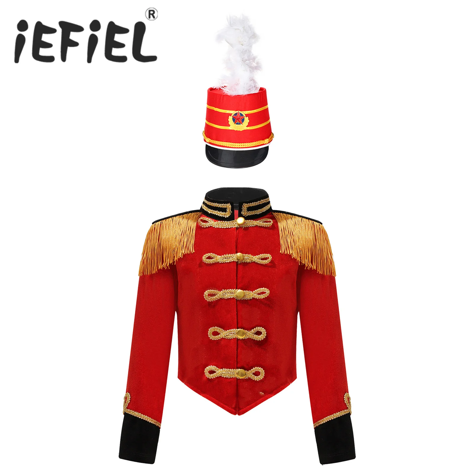 Kids Girls Drum Majorette Costume Honour Guard Cosplay Tops Long Sleeves Stand Collar Tassel Shoulder Jacket with Feather Hat