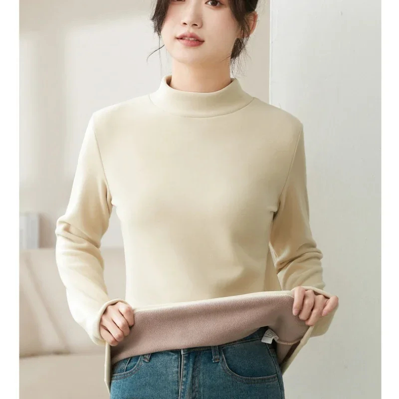 

Thermal Underwear Women Bottoming Shirt Fleecing Winter Slim Basic Long-Sleeved T-Shirt Solid Thin Velvet Heating Fiber Tops