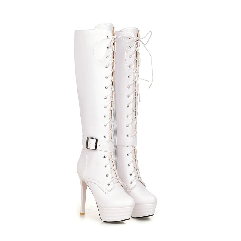 

Girseaby Модные женские сапоги до колена A4207 с круглым носком, платформой 13 см, на шпильке, на шнуровке, большой размер 45, US14, белый, коричневый, черный