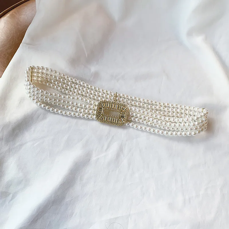 Elegant Vintage Elastic Faux Pearl Waist Belt for Women's Dresses Imitation Crystal Diamond Decoration 3cm Wide Versatile Belt