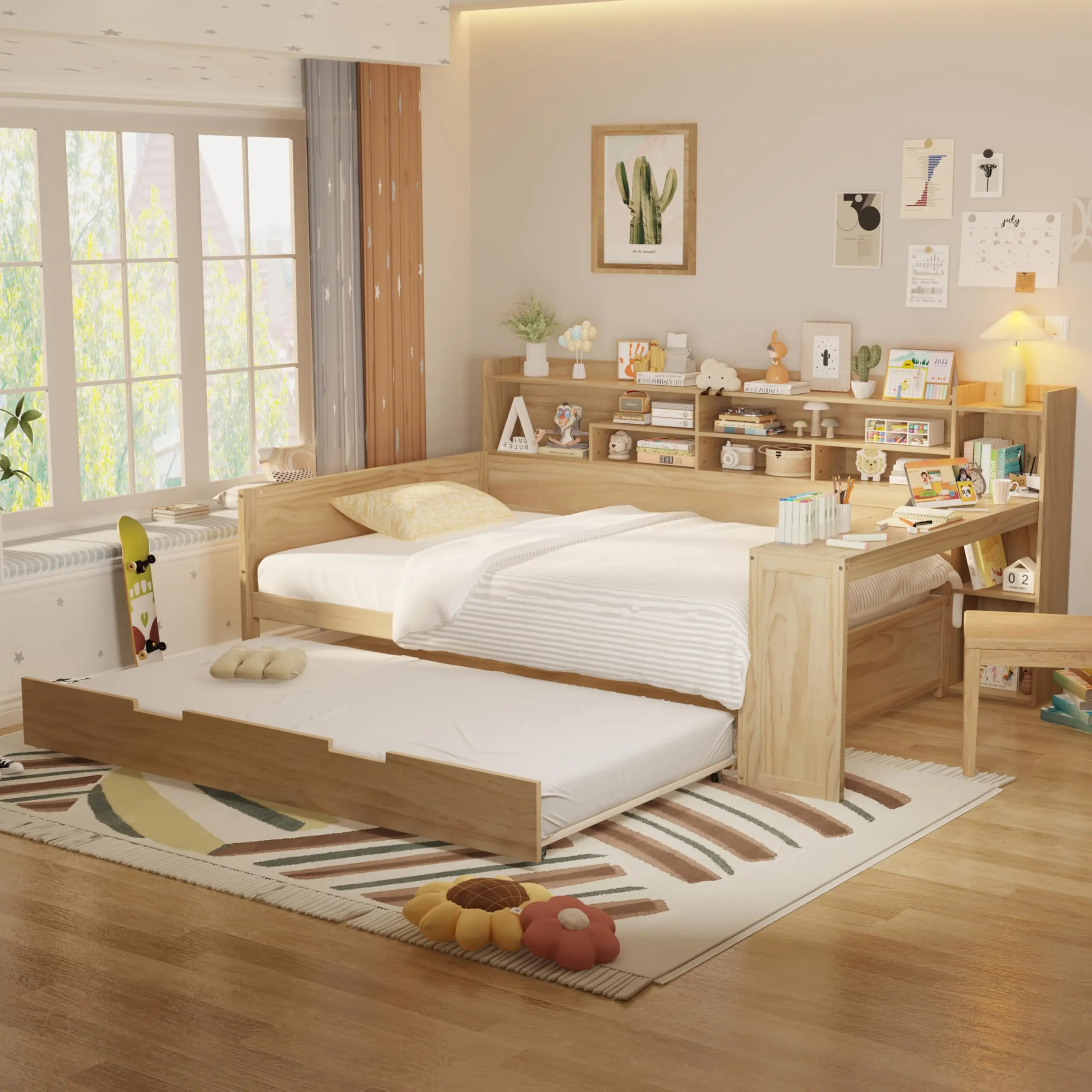 Wooden Full Size Daybed with Storage Shelves,Built-in Desk and Twin Size Trundle Bed,Multi-Functional Bed with Study