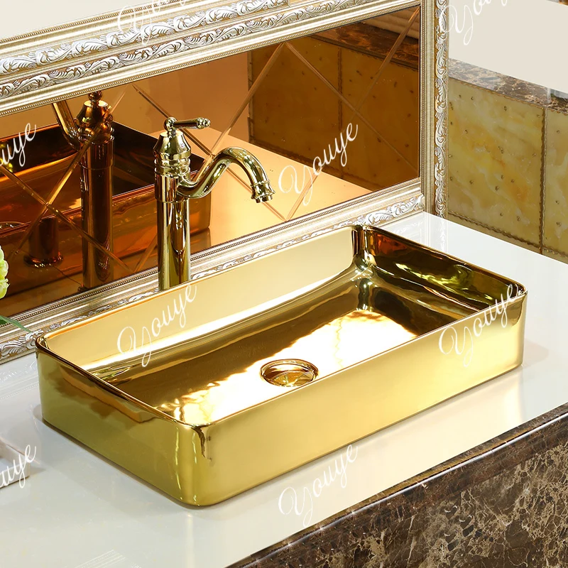 

European Gold Countertop Basin Hand Washing Ceramic Basin Artist Golden Round Countertop Washbasin