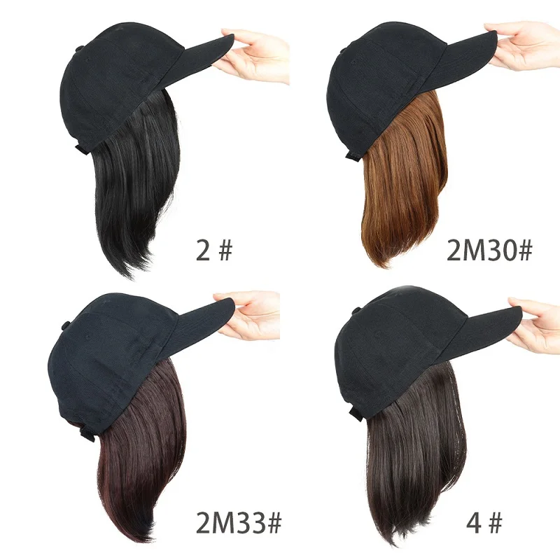 Synthetic Short Straight Bobo Hat Wigs Baseball Cap Adjustable Black Brown Hairpiece for Women