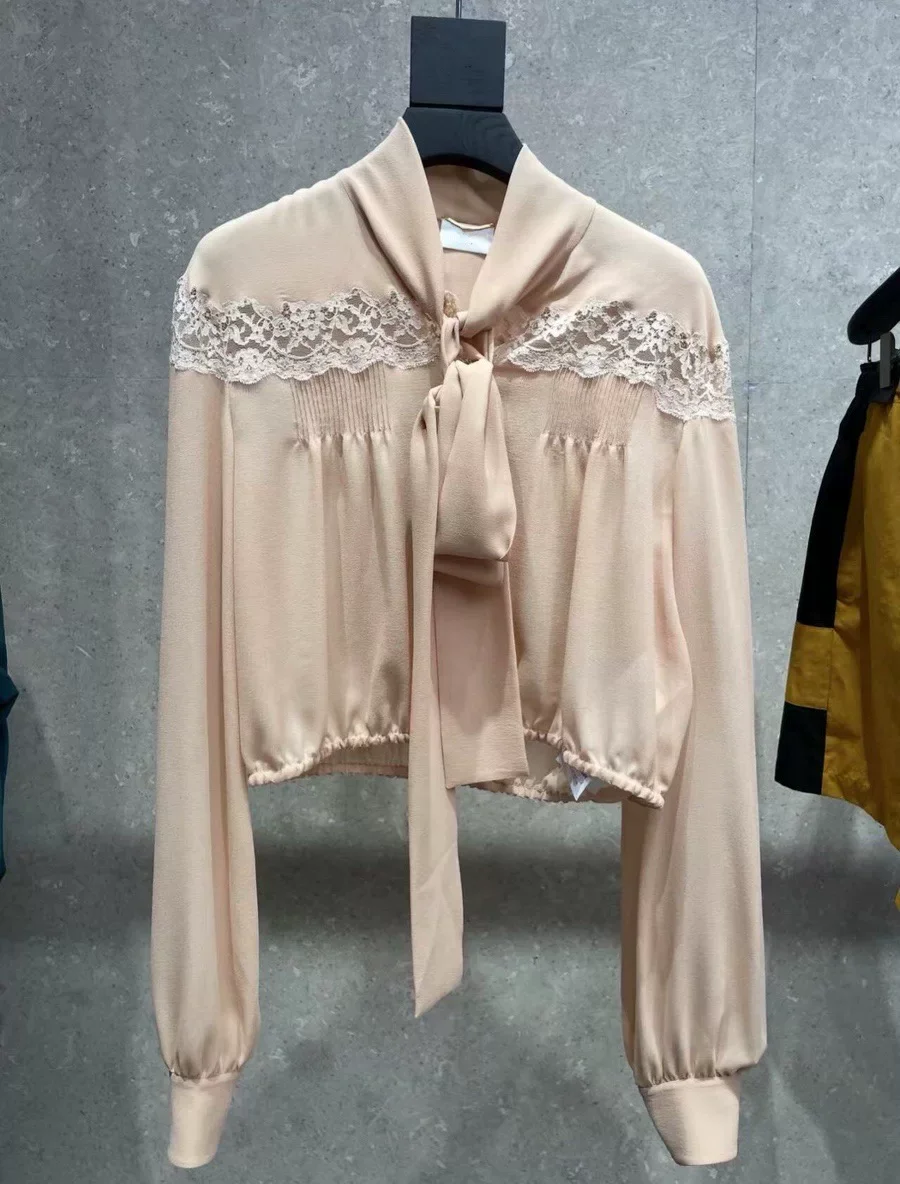 

Fashion Ladies Pink Shirt Elegant Women's Lace Chiffon Blouse Sexy Transparent Silk Top Bowtie