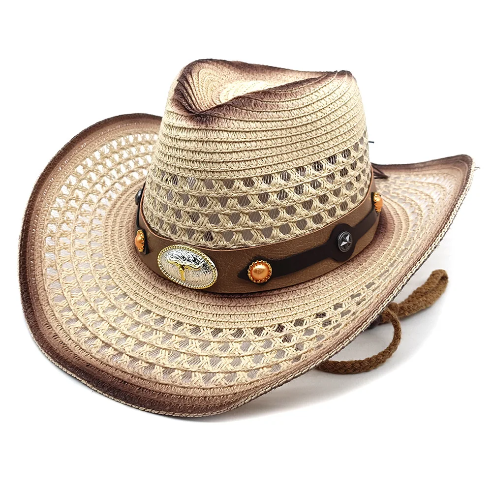 Retro zomer strohoed Western cowboyhoeden Verstelbare zomerstrandzonbescherming Zonnekap voor mannen en vrouwen Trekkoord