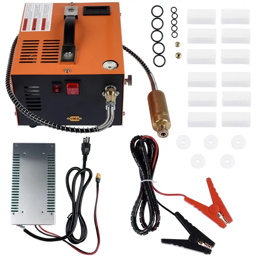 Portable PCP Air Compressor, 12V DC 110V AC, Fast Inflation for Paintball, Air Rifle, Scuba Tank, Builtin Fan, Oil Free, Easy to