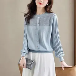 Female Clothing Fashion Hollow Out Blouse Korean Solid Color Spring Autumn Commute Button Loose Casual Round Neck Knitted Shirt