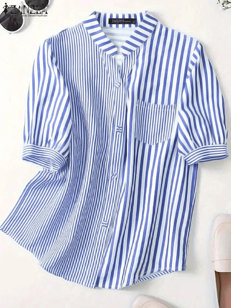 بلوزة نسائية صيفية للعمل OL 2025 قميص مخطط للمكتب من ZANZEA قمصان عصرية بأكمام قصيرة وأزرار وياقة ثابتة بلوزات نسائية