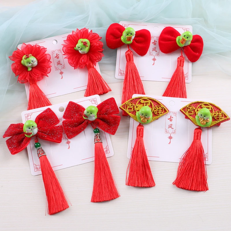 1Pair 2025 Snake Year Tassel Hair Clip New Year Bow Tassel Decor Bow Hairpin Clip Kids Hair Clips Resin Snake Hair Decorative