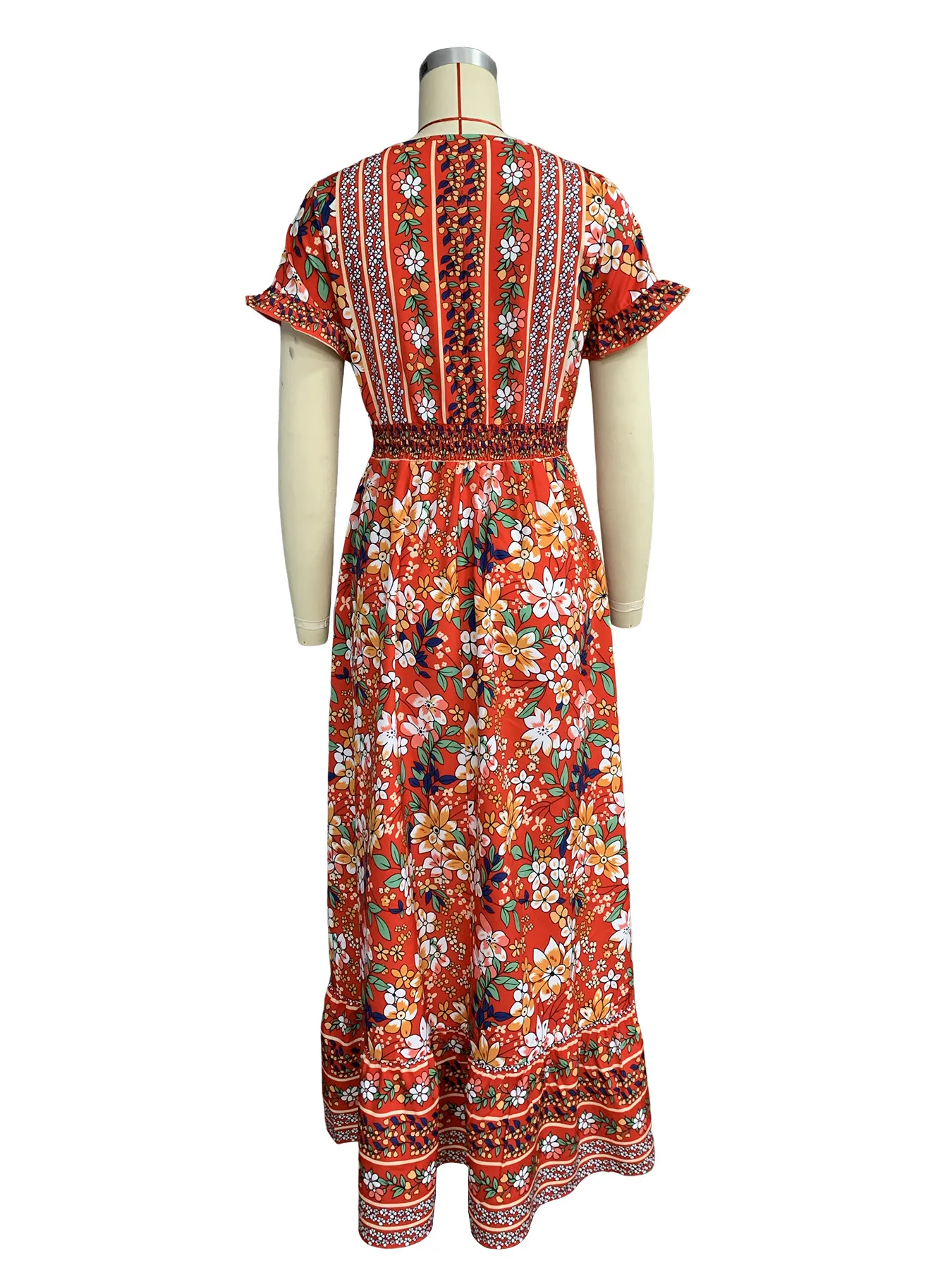 BAMBOOBOY Vintage Bohemian Floral Summer Long Dress Printed Women V-Neck Short Sleeve High Waist Ladies Casual A-Line Sundress