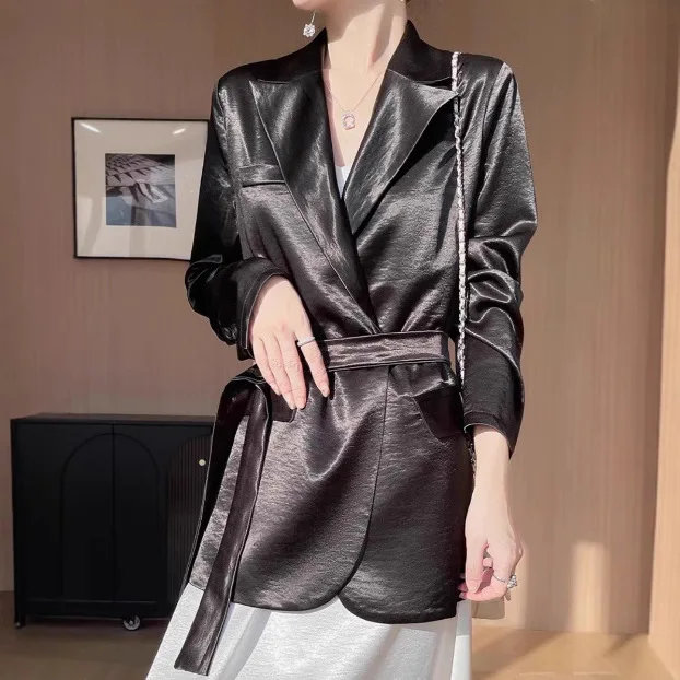 

​​Women's Loose Fit Satin Jacket Acetate Blend Casual Blazer Elegant Retro Style Top​