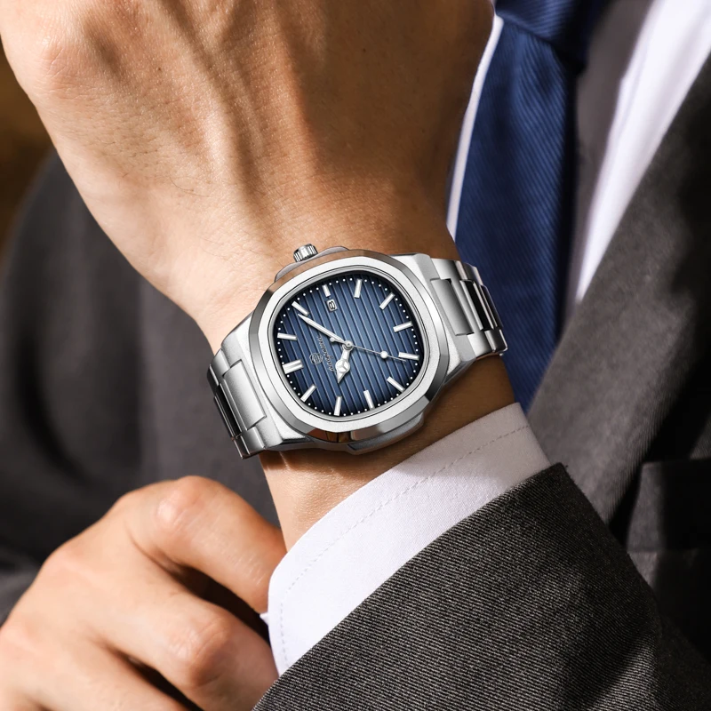 PENGAGAR ساعات عالية الجودة للرجال من الفولاذ المقاوم للصدأ مقاومة للماء ساعة رجالية مضيئة للتاريخ والأسبوع ساعة كوارتز رجالية فاخرة للأعمال