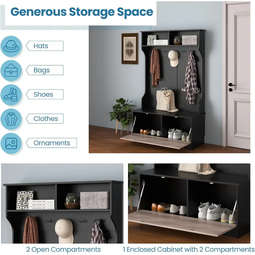 Multifunctional Entryway Coat Rack with Storage Bench and 5 Hooks, Freestanding Hall Tree for Home Organization