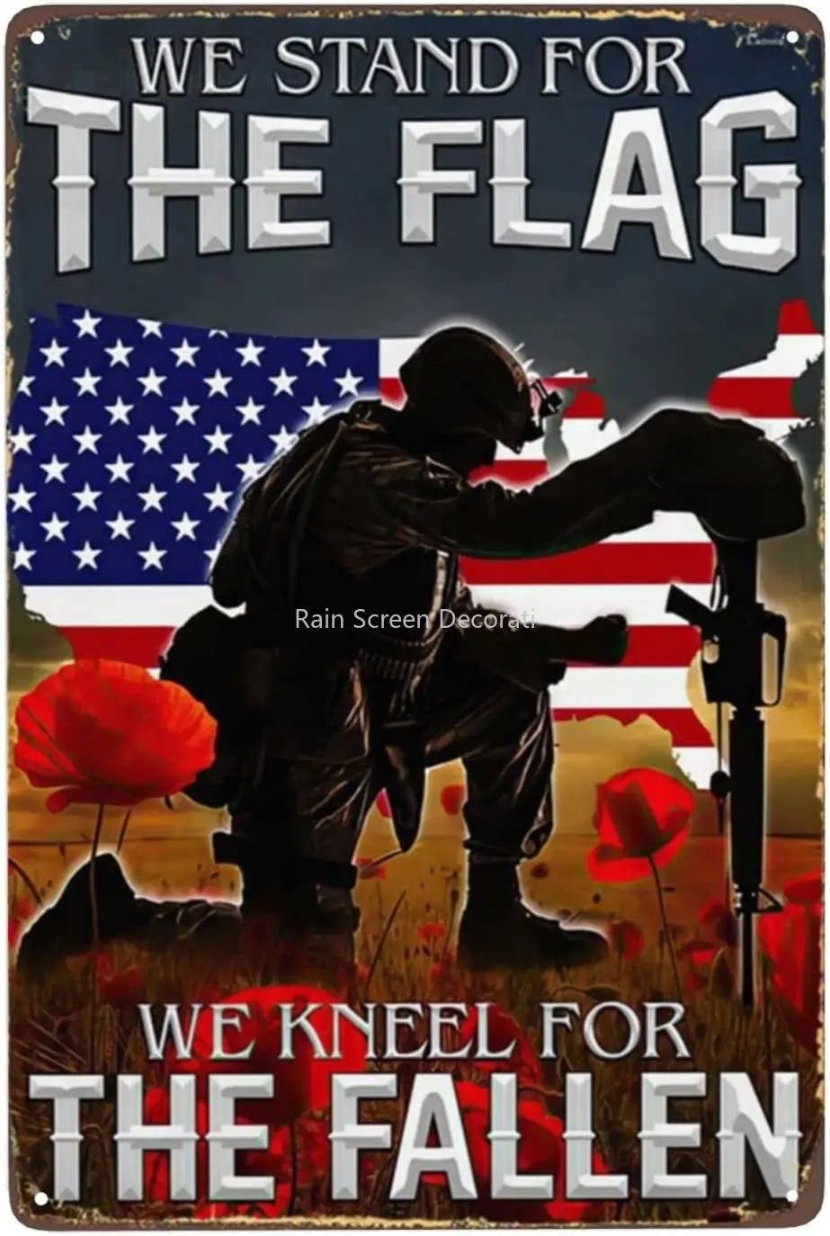 Funny Sign for We Stand For The Flag We Kneel For The Fallen Vintage Soldier Usa America Flag Metal Sign Decor Retro