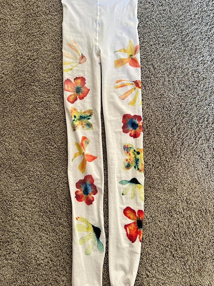 Kawaii Cute Retro 2000s Dopamine Colored Flower Printed Women's jumpsuit Sweet Kawaii Slimming Lolita White thigh high socks