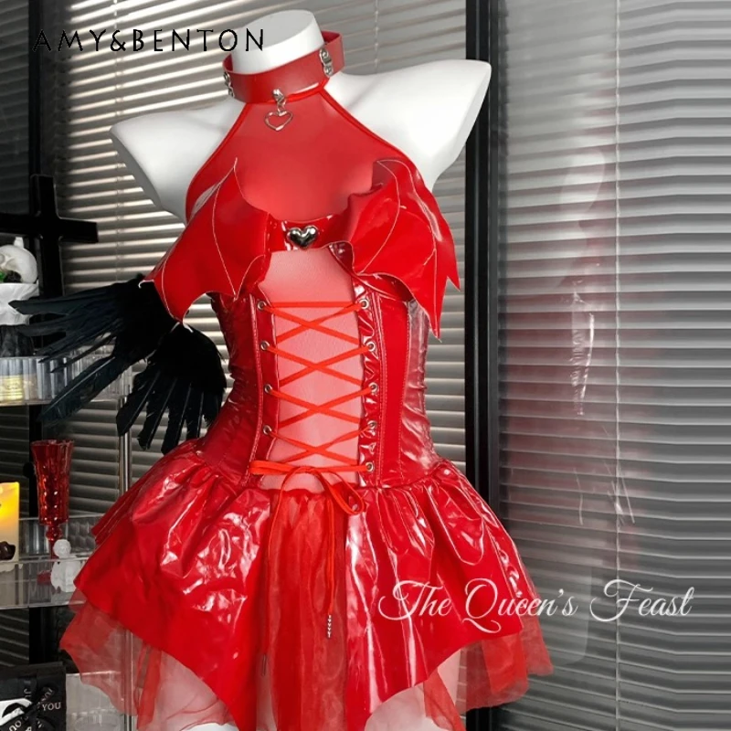 

Punk Dark Sexy Glossy PU Lace-Up Nightdress Short Dresses Gothic Design Sweet Cool Date Dress Set Plus Size Women's Clothing