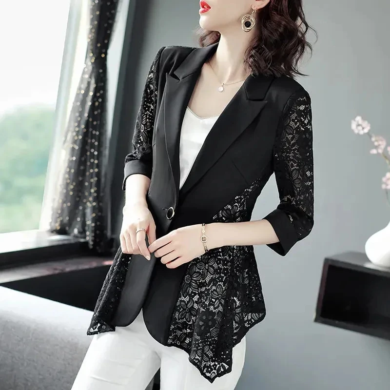 Chaqueta de traje de retazos de encaje negro para mujer, Blazer elegante de un solo botón, abrigo fino, ropa de primavera y verano, 2024
