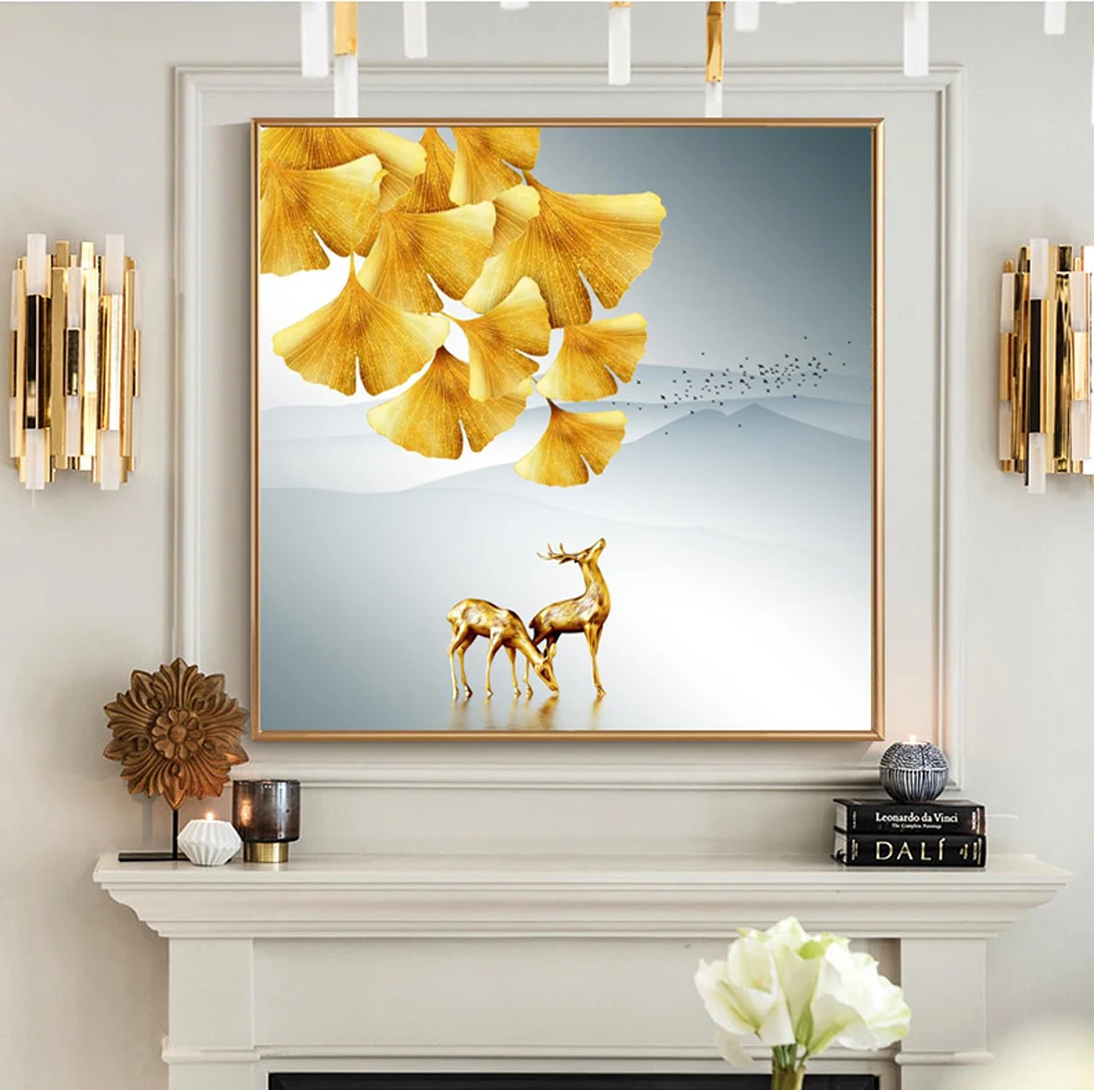 Golden Ginkgo biloba Canvas Painting Nordic Golden Deer Modern Luxury Decoration ArtWall Art Print Picture