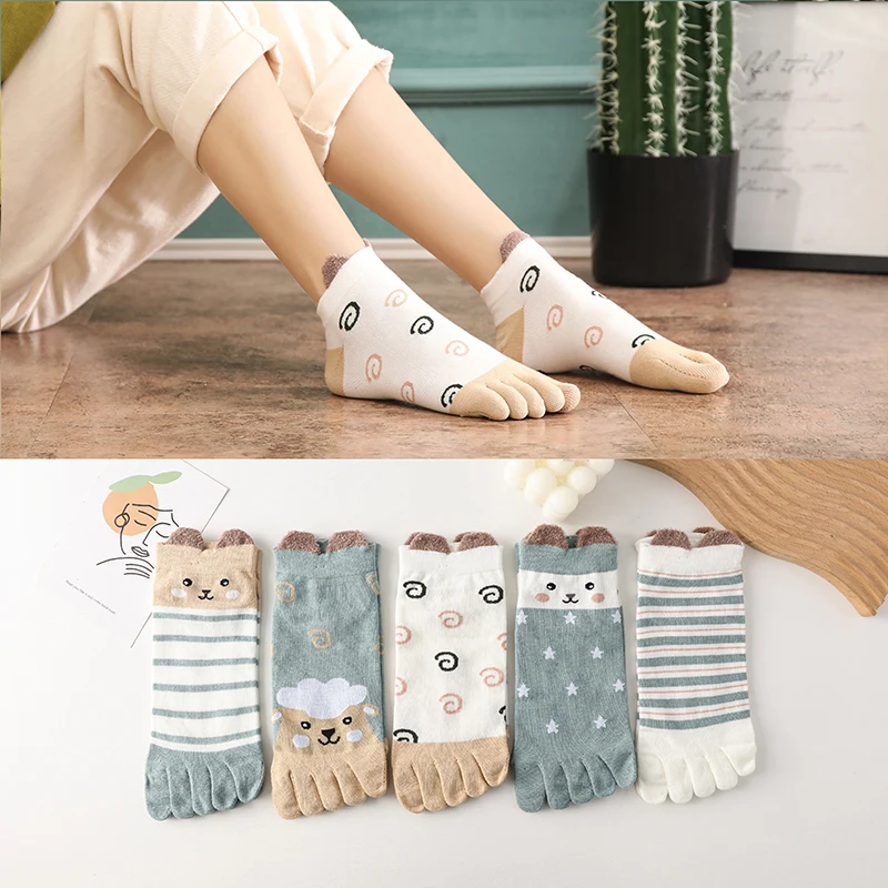 

Five-finger Women Cotton Boat Socks Cartoon Four Seasons Cute Breathable Toe Socks Ladies Short Barrel Cute Yoga Socks Set