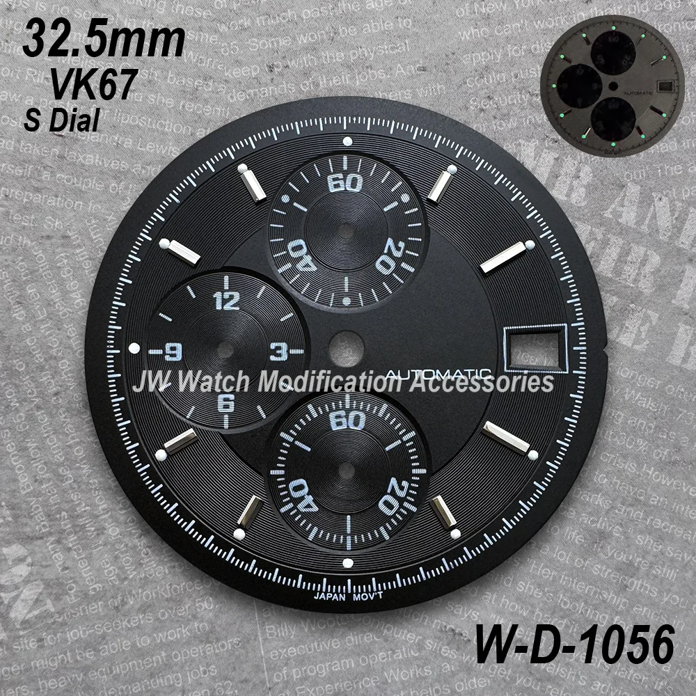 Esfera con logotipo de velocidad S de 32,5mm adecuada para movimiento VK67, accesorios de modificación de reloj de calidad Mattet luminoso verde