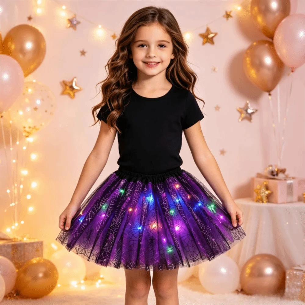 Mesh Kids Tutu Skirt Puffy Short Length Girls Mesh Puffy Skirt Pom Pom with Lamp Beads Kids Pom Pom Skirt Daily Wear