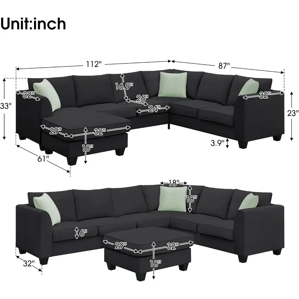 Modern Large U-Shape Sectional,7 Seat Fabric Sectional Sofa Set L Shape Sectional Sofa Corner Couch for Living Room Apartment