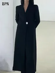 BPN-Blazers negros de temperamento para mujer, Blazer largo minimalista de manga larga con cuello de nariz empalmado, un solo botón, moda femenina