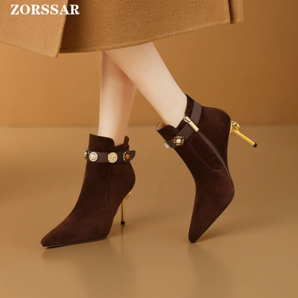 

Pointed Toe Women's High Heel Ankle Boots Fashion Elegant Dancing Party Shoes Autumn Winter Women's Suede Leather Short Booties