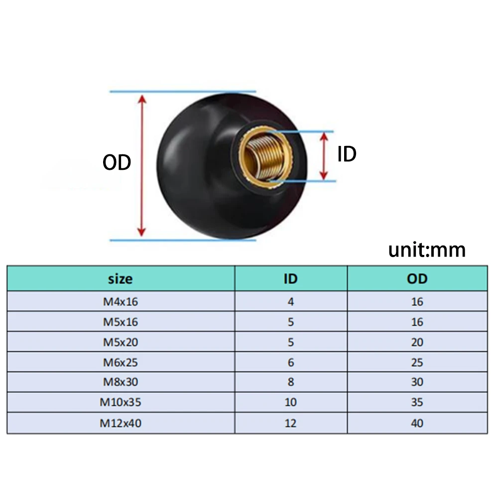 Black/Red Plastic Ball Shaped Head Clamping Nuts Knob with BrassThread Insert M4 M5 M6 M8 M10 M12 for Machine Equipment