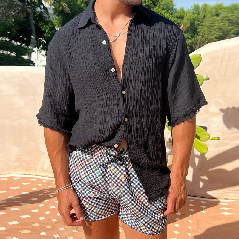 New men's clothing in 2025, a cotton and linen short-sleeved shirt, a casual and loose-fitting T-shirt, trendy men's wear.