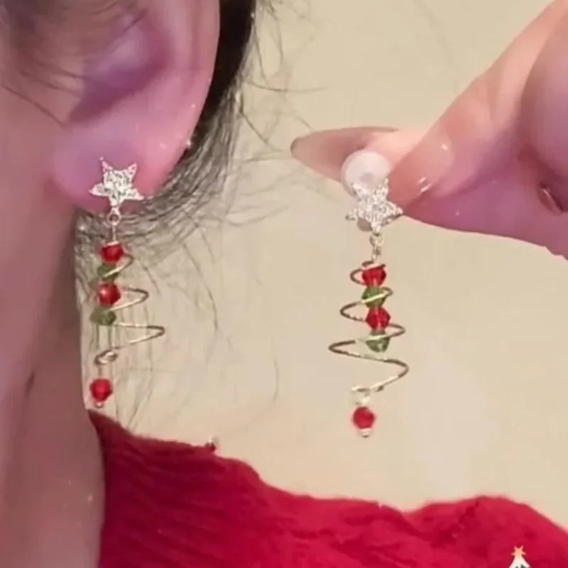 New Trendy Delicate Colorful Christmas Tree Earrings for Women Sweet Star Rotate Tree Drop Earrings Aesthetic Jewelry Gifts