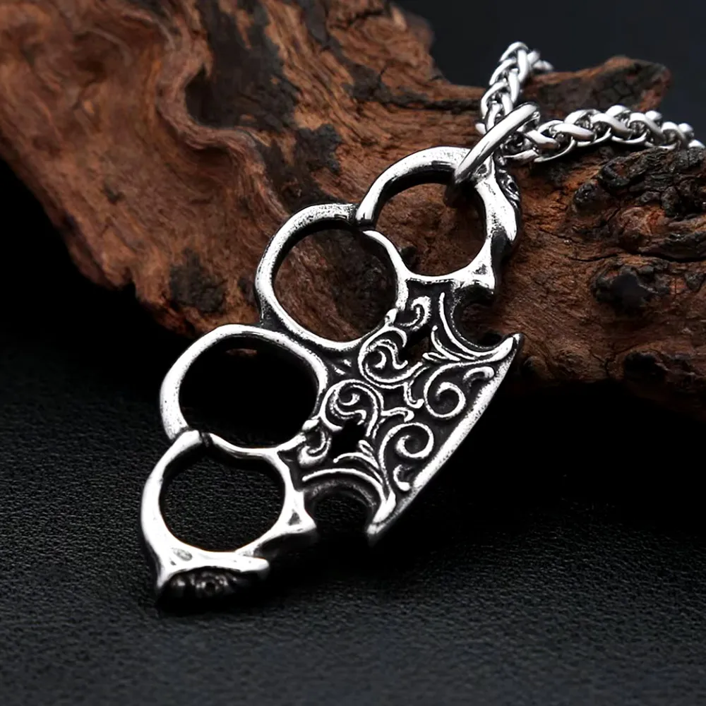 Retro Scroll Pattern Brass Knuckles Four Finger Knuckle Stainless Steel Pendant Necklace Motorcycle Male Hip Hop Daily Wear Gift