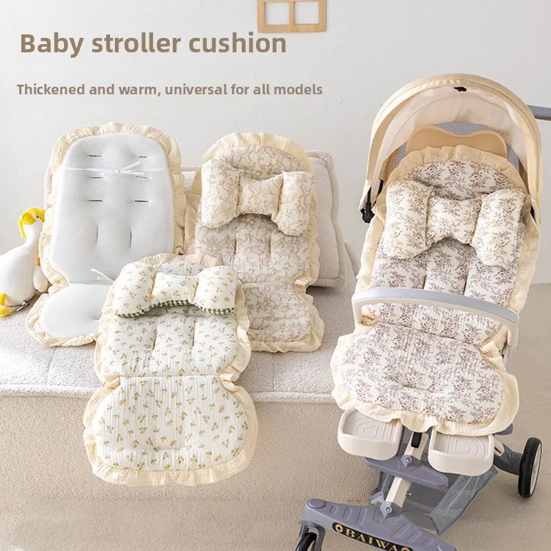 

Lace Trim 100% Cotton Baby Stroller Cushion - All-Season Universal Pad for Strollers, Warm Soft Anti-Slip for Toddlers.