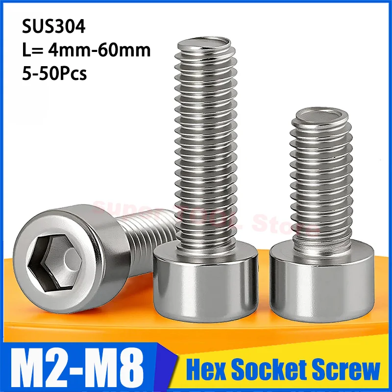 5-50pcs M2 M2.5 M3 M4 M5 M6 M8 No Knurled 304 Stainless Steel Hexagon Hex Socket Cylinder Cap Head Screw Bolt Length 4mm-60mm