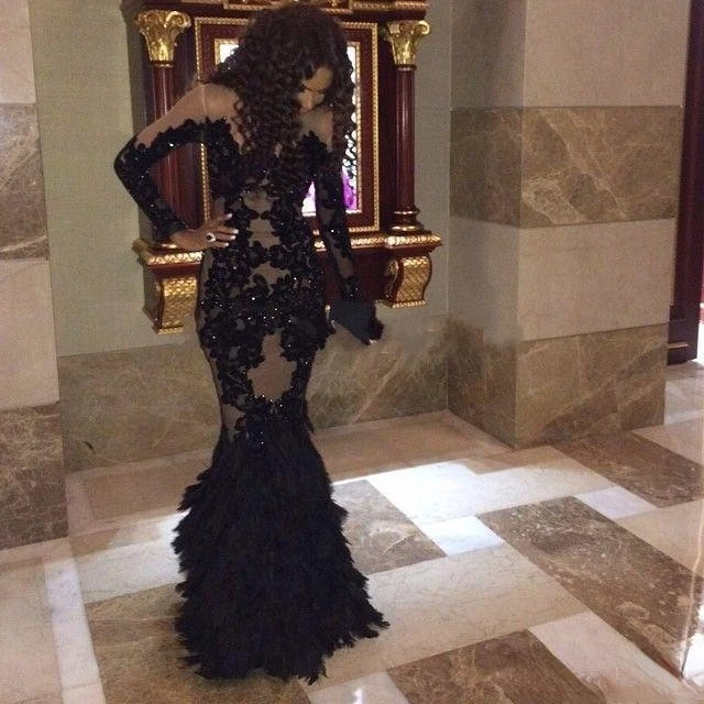 Luxury Plus Size Black Prom Dresses With Long Sleeves Sheer Mermaid Evening Gowns Real Tulle Formal Dresses Custom Made