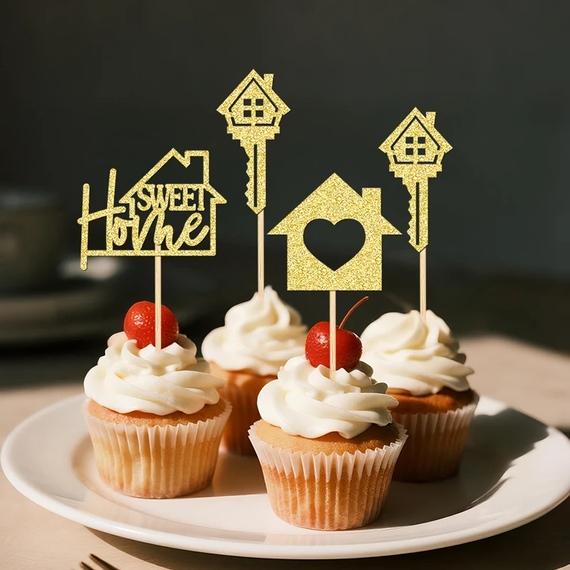 YOMDID 24 Stück Sweet Home Kuchendekorationen aus Bambus für Einweihungspartys, Cupcake-Dekorationen mit 'Sweet Home' Haus- und Schlüssel-Designs – Detail 1