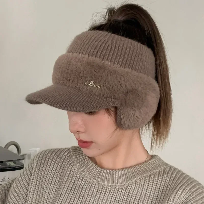 Winter Hats For Women 2023 New Fashion Winter Warm Earflaps Knitted Hat Baseball Caps Outdoor Sport Windproof Ponytail Hat Visor