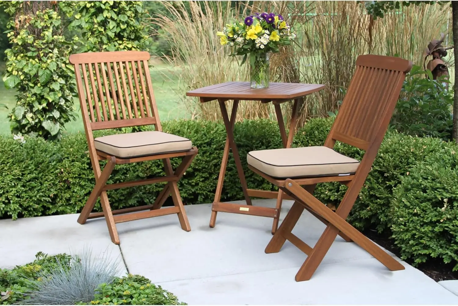 Eucalyptus Wood 3-Piece Square Foldable Bistro Outdoor Furniture Patio Set, Table and 2 Chairs with Cushions, Beige