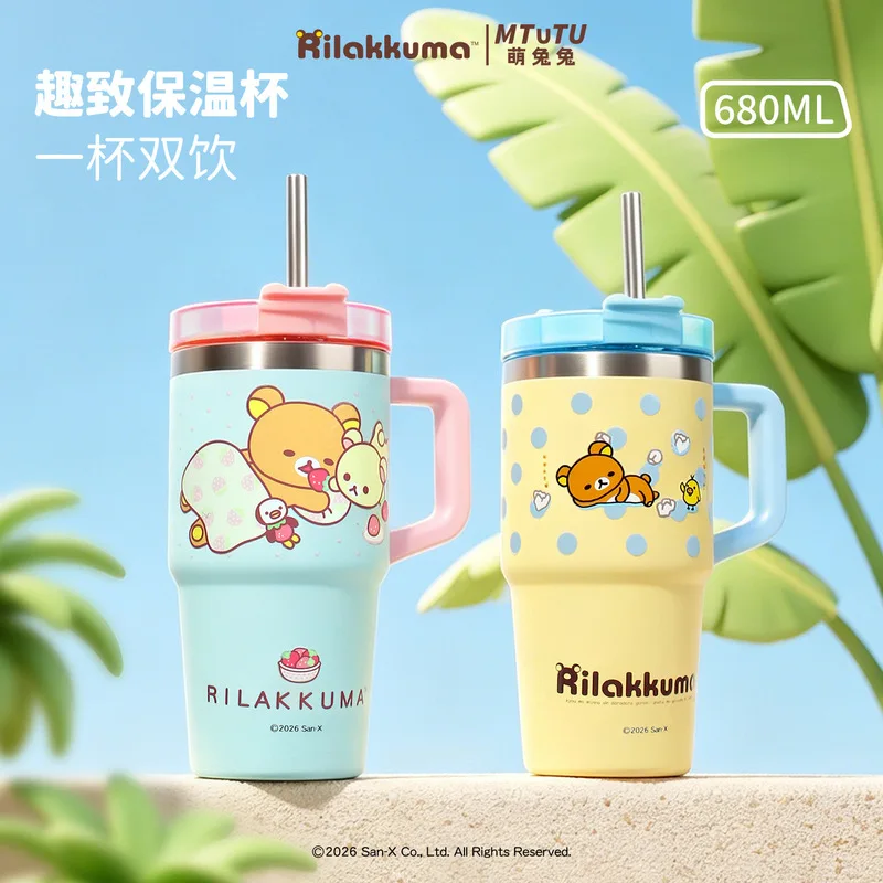 Rilakkuma Insulated Tumbler 680ml 304 Stainless Steel Double Wall Straw Water Cup With Handle Leakproof For Car Office Daily Use
