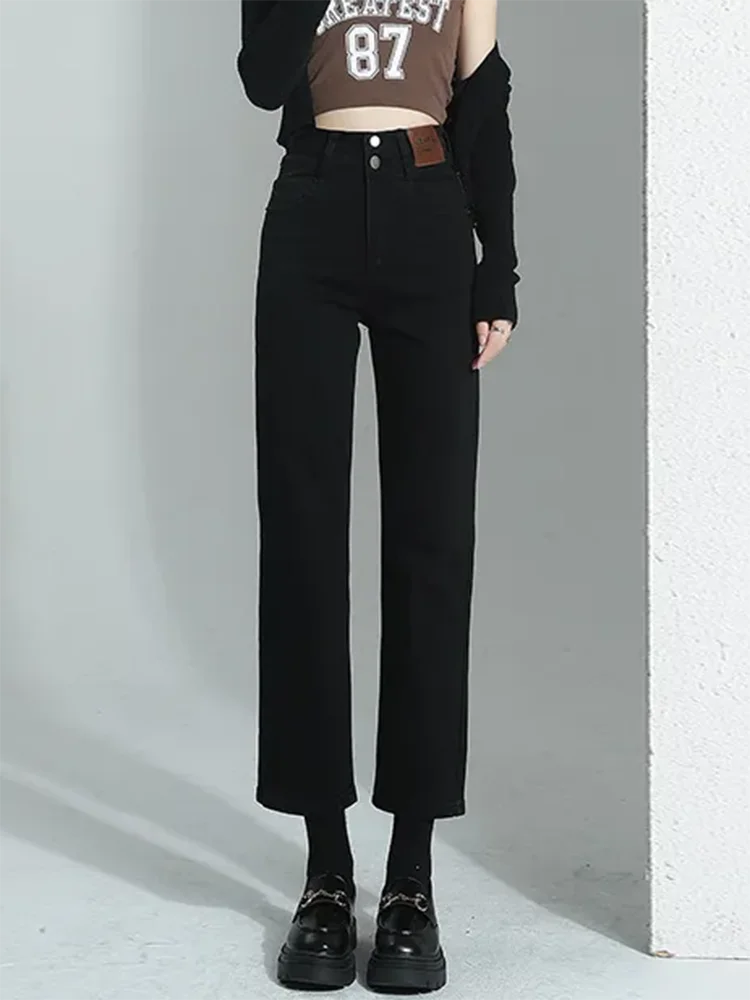 Elastyczne, proste jeansy damskie w stylu vintage, codzienne, z wysokim stanem, luźne spodnie dżinsowe do kostki w stylu streetwear.