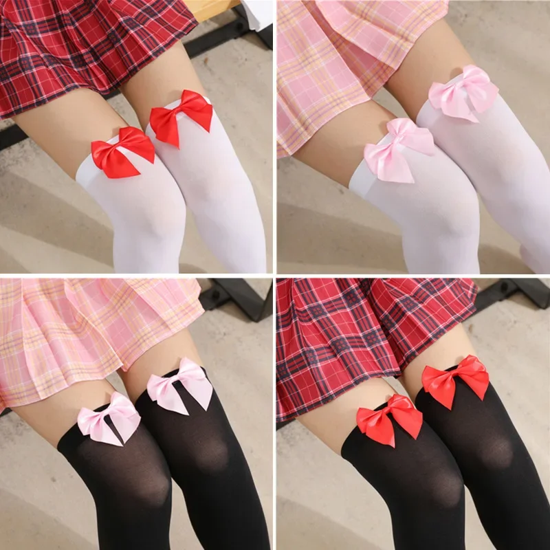 Sexy Women's Hosiery Pink Bow Stay Up Thigh High Silk Stockings Hose.Ladies Sweet Bow Stockings Pantyhose Students Stockings