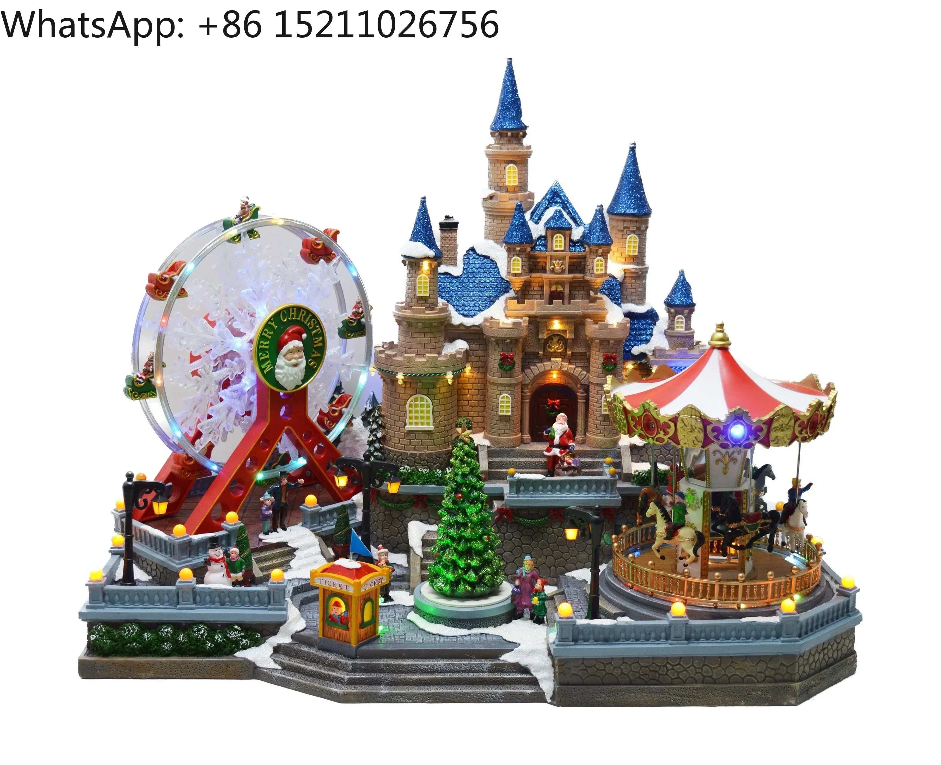 Christmas Village House, Colourful LED Lights with Christmas Music, Rotating Christmas Trees and Roller Carousel & Ferry Wheels