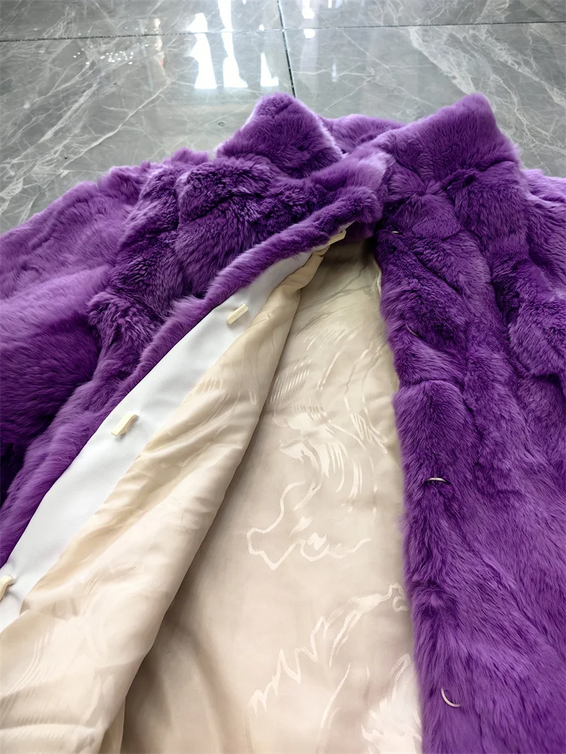 معطف فرو أرنب حقيقي طبيعي حقيقي للنساء معطف متوسط الطول بياقة واقفة للخريف والشتاء دافئ