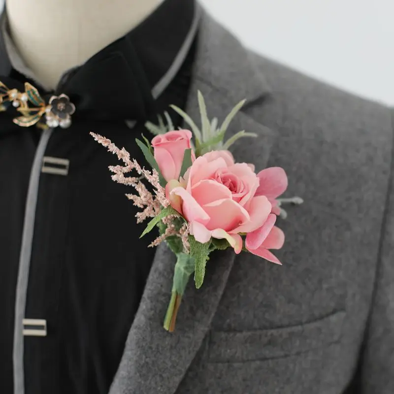 Boutonnieres bunga buatan putih mawar sutra gading korsase kancing lubang pengiring pria Boutonniere untuk pria aksesoris pernikahan