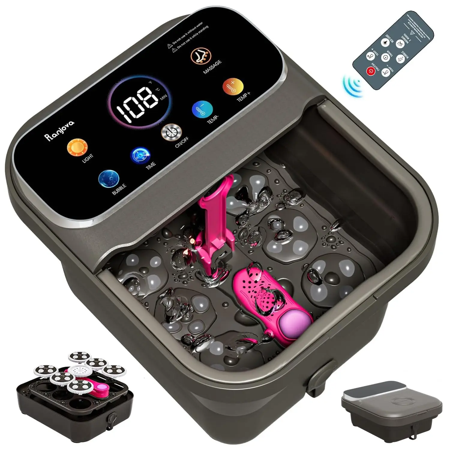

Electric Foot Spa with Touchscreen, Heat, Bubbles, Remote Control & 24 Shiatsu Massage Balls - Dark Grey