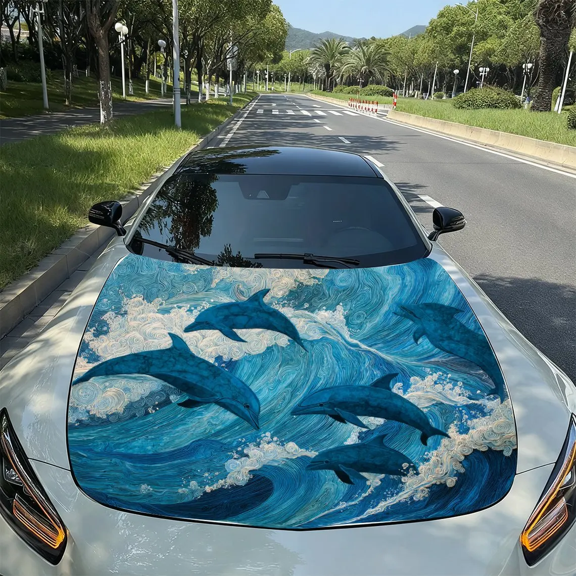 Active Dolphins Car Hood Sticker, Colored Vinyl Sticker, Truck Pattern, Engine Hood Decoration Accessories, Waterproof, Scratch