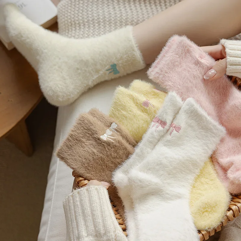 Embroidery Bow Plush Women Socks Winter Warm Sleep Mink Fur Floor Socks Girls Mid Tube Stockings Indoor Thermal Slipper Footwear